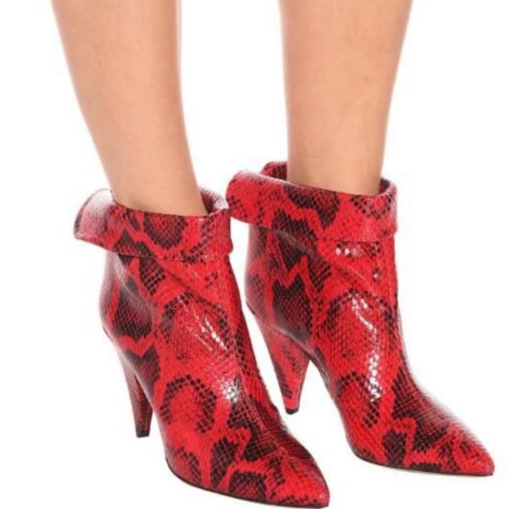 Isabel Marant Red Lisbo Snake-Print Booties Cone Heel Ankle Boots Python Sz 7.5 - Picture 2 of 14